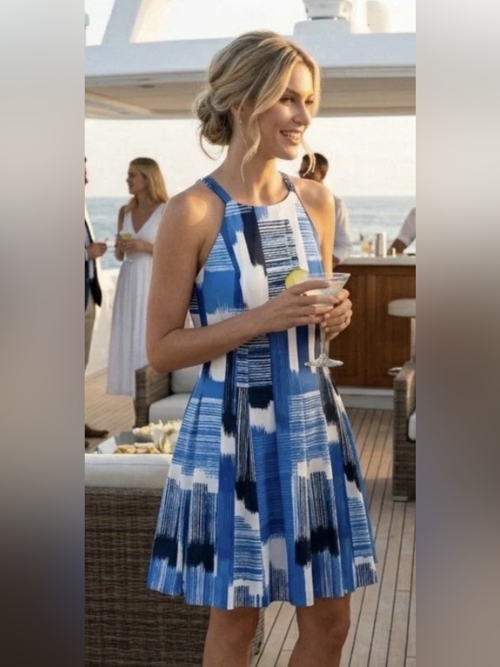Vince Camuto Graphic Abstract Fit & Flare Dress Blue Cobalt Halter 2 NEW 2052